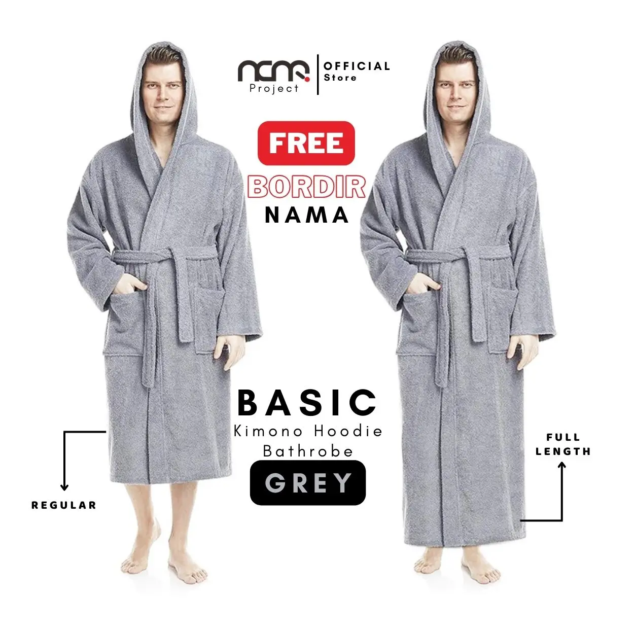 Handuk Kimono Hoodie Bathrobe Darkgrey Premium Free Bordir Dewasa Pria Wanita