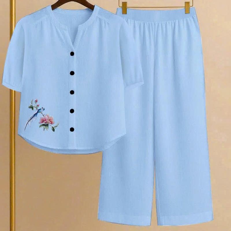 Q -SET Bộ nữ Cổ Tàu 10 MÀU - tay lửng quần ống suông lưng thun phía sau chất liệu Đũi tơ xước đã qua xử lý hình in nhiệt sắc nét không bong chóc