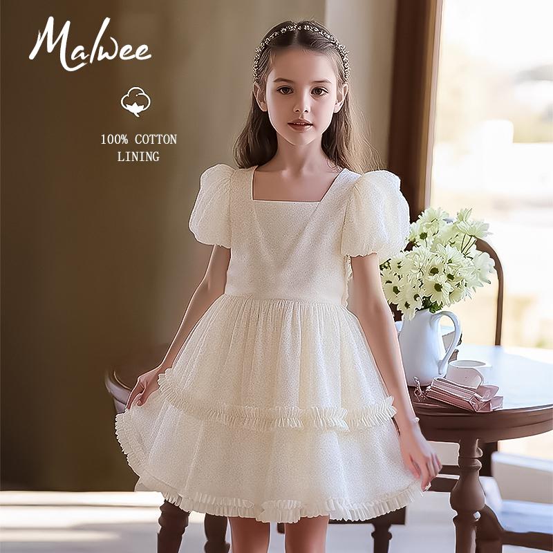 Malwee 2-10 Tahun Gaun Anak Perempuan Krem Gaya Princess  Lengan Balon dengan Lapisan Renda NT027