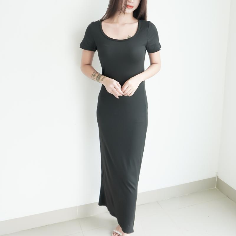 KOKO - Dress Panjang Lengan Pendek Bodycone Wanita Simple Midi Hitam Casual Rayon 0