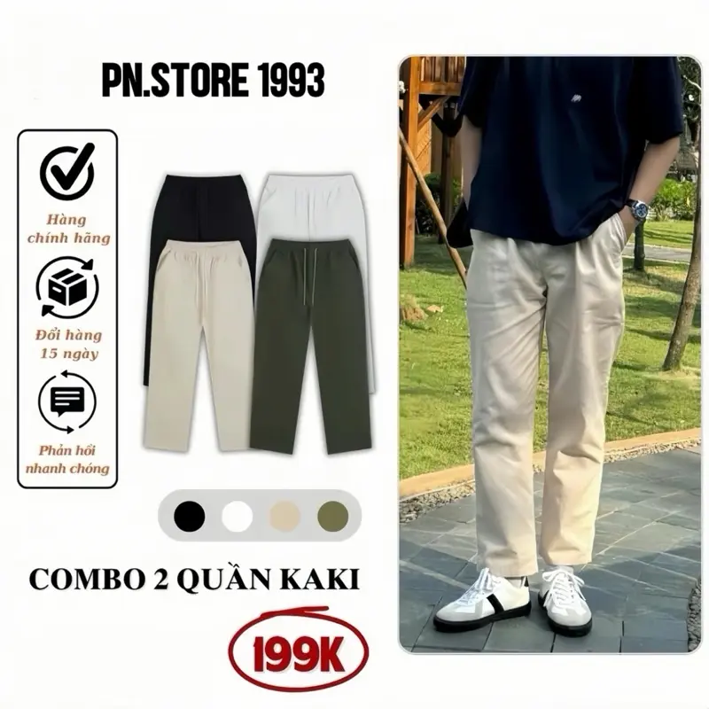 ( COMBO 2 QUẦN KAKI ) FORM SUÔNG Nam Nữ Cạp Chun Ống Rộng Lưng Cao Chất Liệu Kaki mềm mịn thoáng mát PN.store1993 Menswear Pants Ong Kem XUÔNG QD05