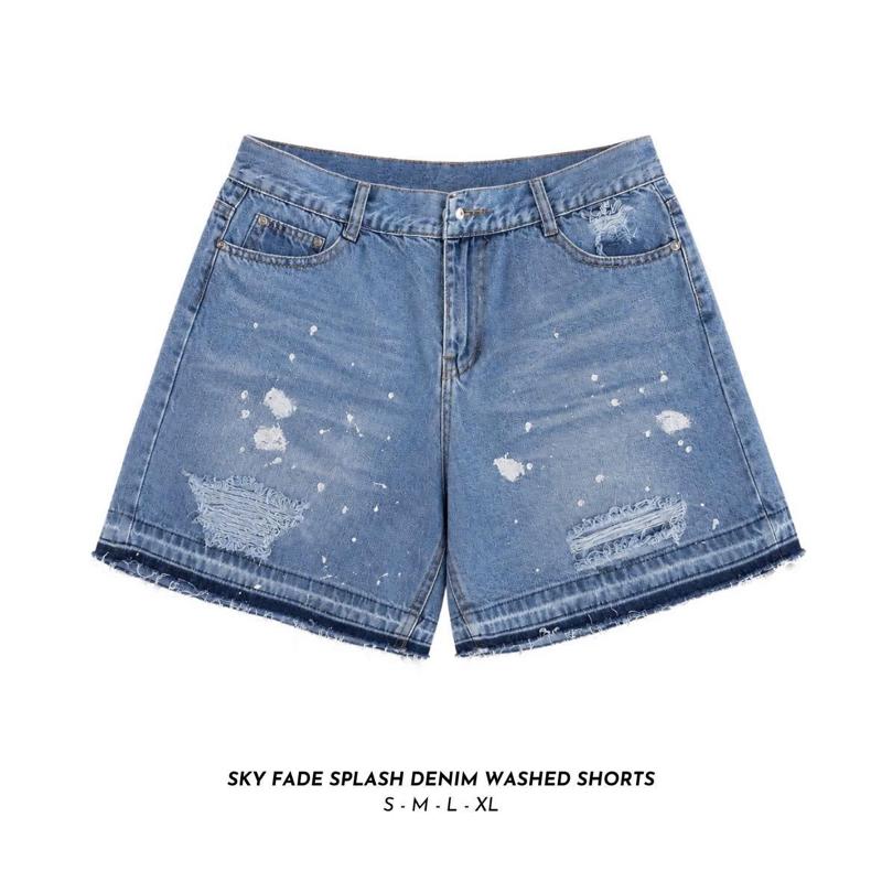 HIBER - Quần short nam nữ form rộng trên gối xả lai xịt sơn trendy - SKY FADE SPLASH DENIM WASHED SHORTS