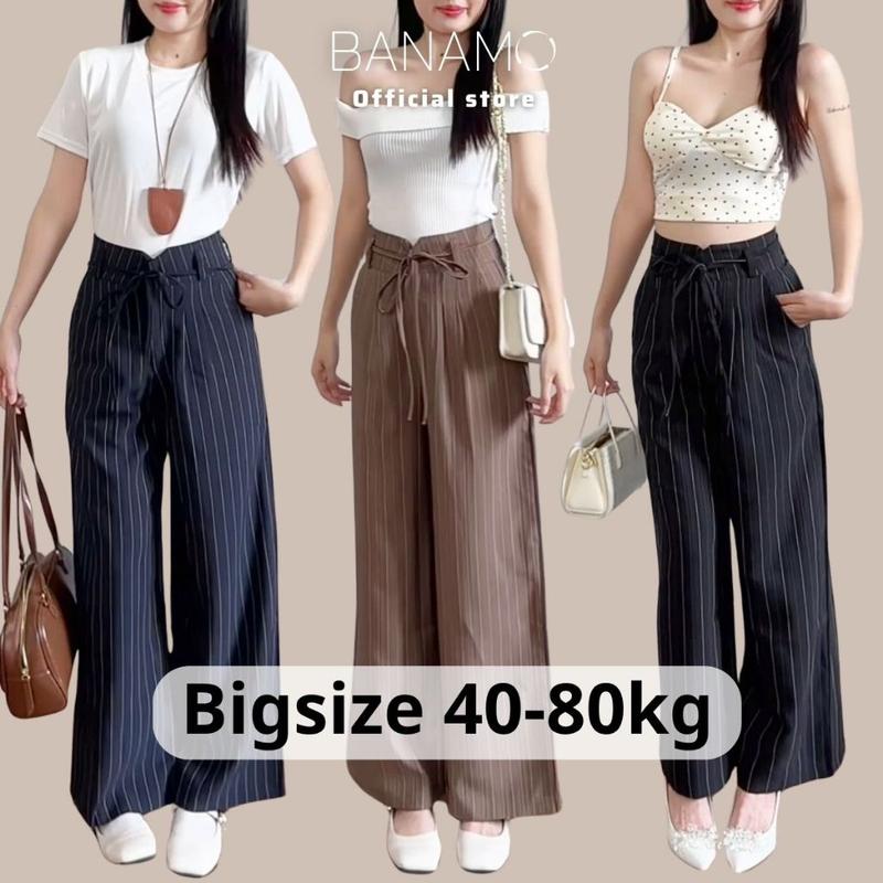 Quần ống suông BIGSIZE Banamo Fashion quần ống rộng kẻ sọc cạp cao phối dây phong cách Hàn Quốc Bigsize 40-80kg 9003