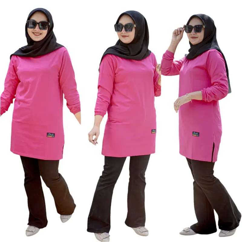 TUNIK POLOS 01 TUNIK JUMBO ATASAN KAOS WANITA LENGAN PANJANG KERUT PAKAI KARET JAHITAN BAWAH BELAH PINGGIR Katun combed dewasa Polos Muslim Oversize Basic Tebal Tebal 4