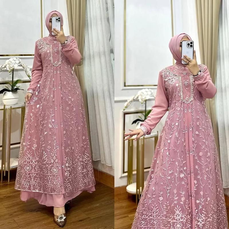 Product Introduction of Gamis Maudy Brukat Burgundy Viral 2025 Dress Terbaru Wanita Ceruty Babydoll Kombinai Brukat Cantik 6