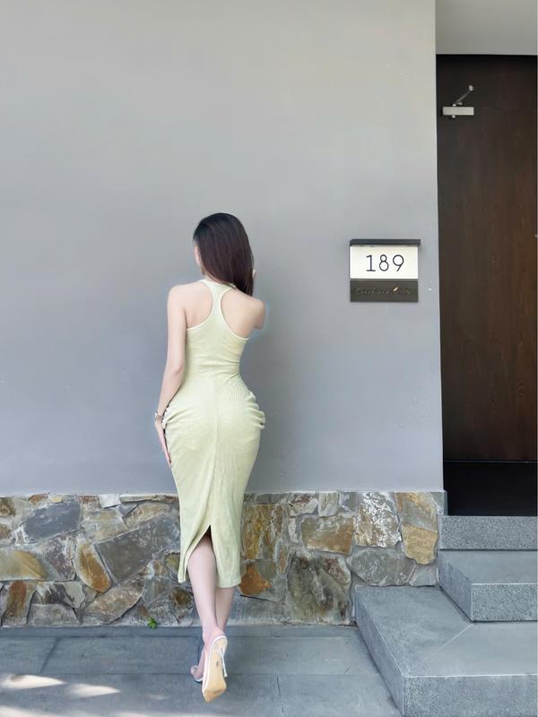 (M04) - Đầm thun gân cotton body ba lổ nhúng eo duyên dáng 0