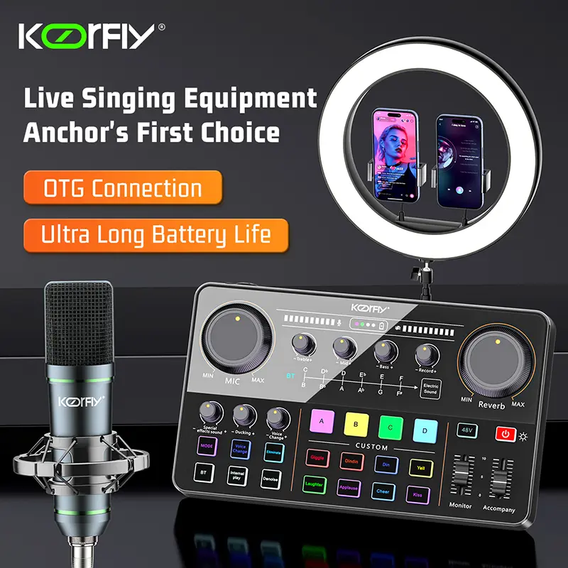KOORFLY KF04 Real time Sound Card Streaming Audio Interface Mixer, cocok untuk 48V Microphone Recorder Bluetooth ASMR Guitar PC/Phone