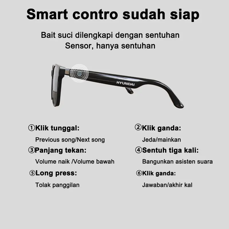 【Super Sale】Hyundai HY-C8 Headset Kacamata Bluetooth Pintar Teknologi Hitam Kacamata Hitam Olahraga Mengemudi Sepeda Motor Antibocor Kacamata Hitam Multifungsi Earphone Headphone Wireless Bass Microphone 7