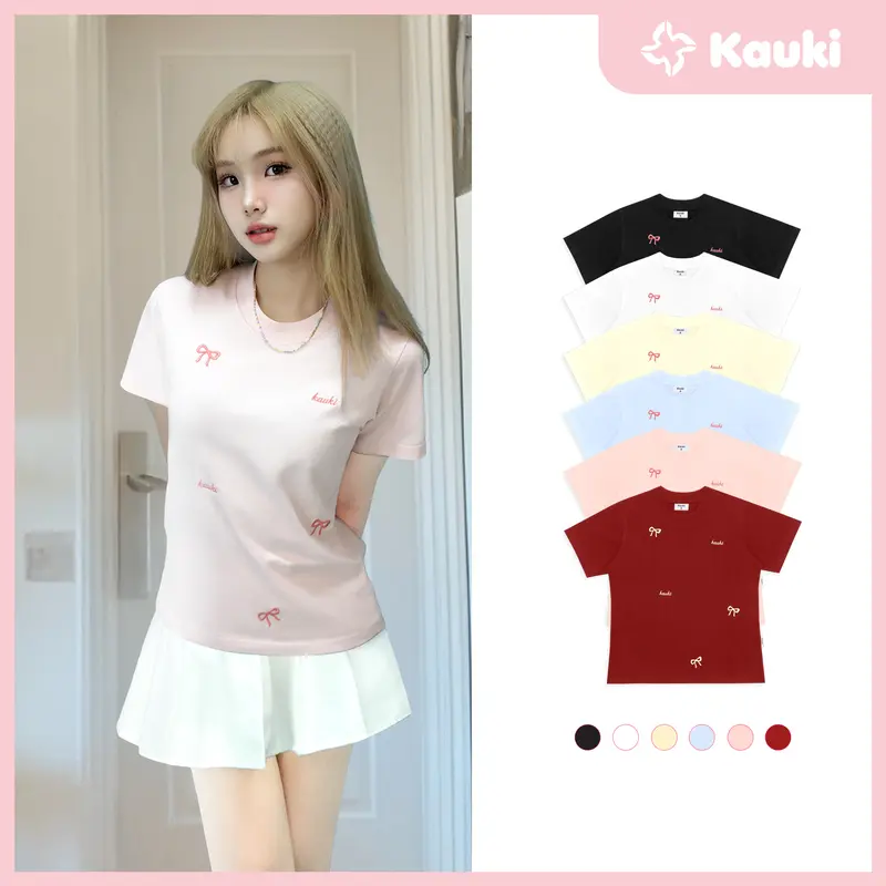 Áo thun Baby Tee Cotton Cổ Tròn Kauki Thêu Nơ Hồng Tay Ngắn 250gsm Nữ Top BBT5 Women 7