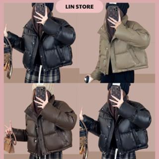 Áo Khoác Phao Nữ Dáng Ngắn Cổ Cao Chất Da 5 Cúc Nẹp Trần Chỉ 3 Lớp Dáng Crotop