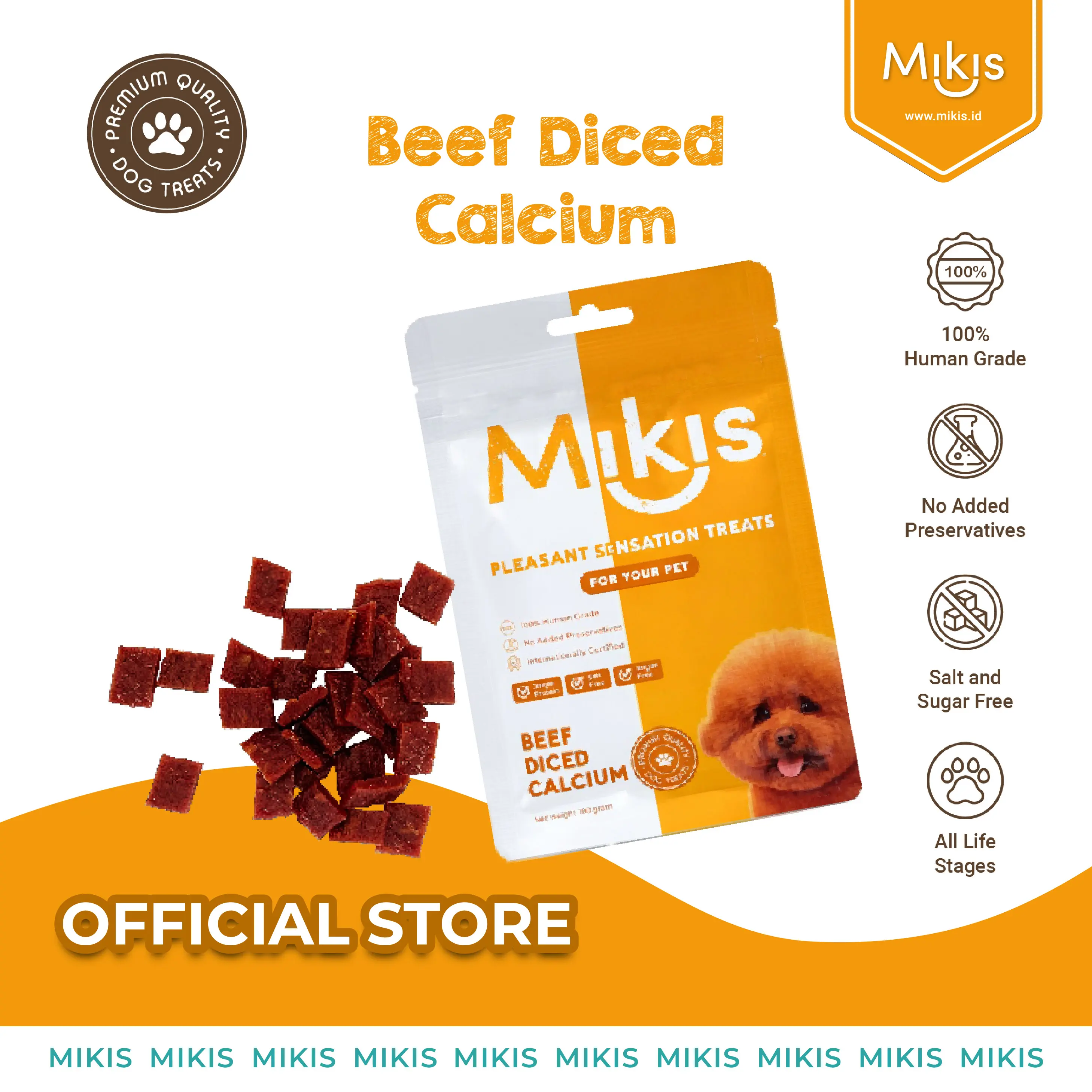 Mikis - Snack Anjing, Dog Treats, 100g Dog Snack - Beef Dice Calcium