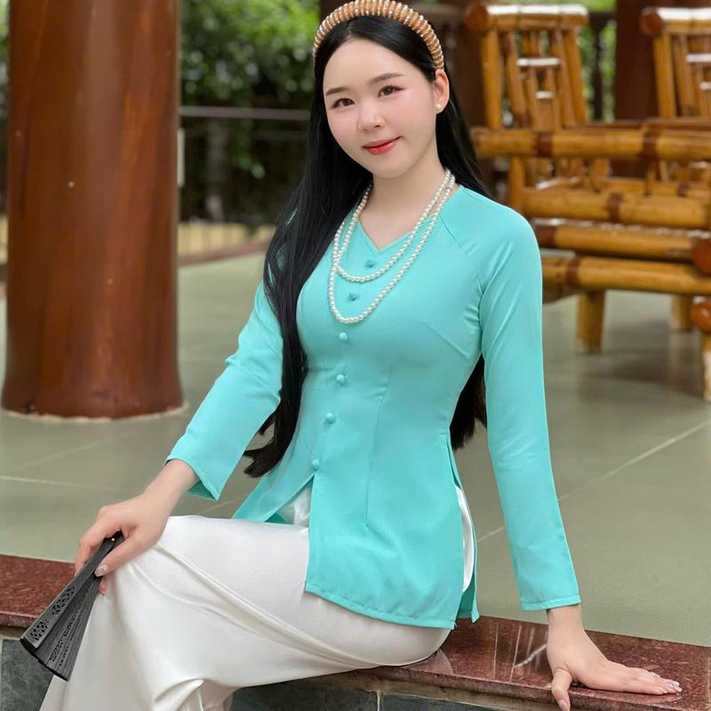 Hân Nguyễn Áo Bà Ba - B.A117 - ( ÁO LẺ ) Áo Bà Ba Lụa Tầm Ý Cổ Tim Nút Nụ Dây Kéo Tay Dài Nữ Top Women