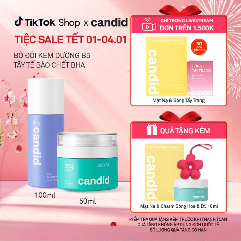  Bộ Đôi Hỗ Trợ Cải Thiện Và Phục Hồi Làn Da Candid BHA 100ml & Kem Dưỡng B5 Cica 50ml 