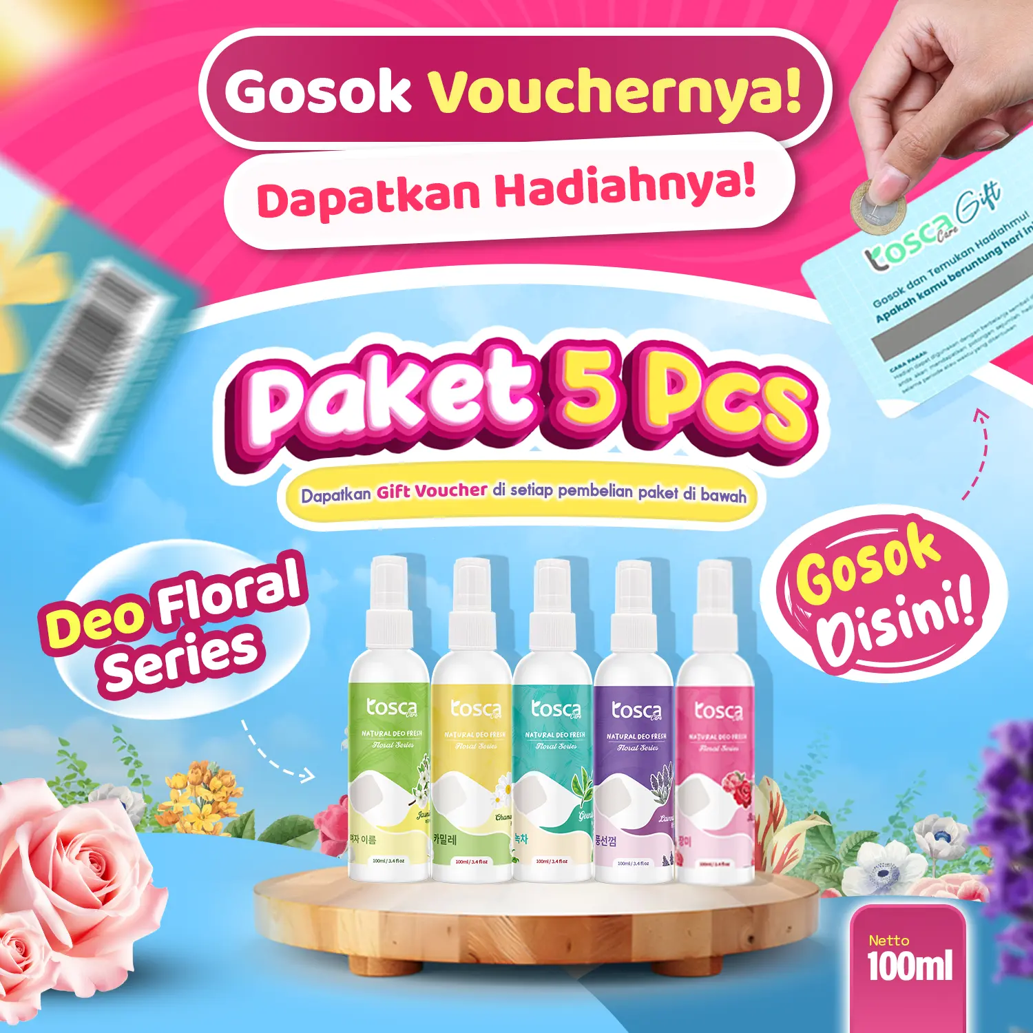 PAKET 5 PCS - TOSCA Deodorant Floral Series Mencegah Bau Ketiak dan Bau Badan Non Alkohol