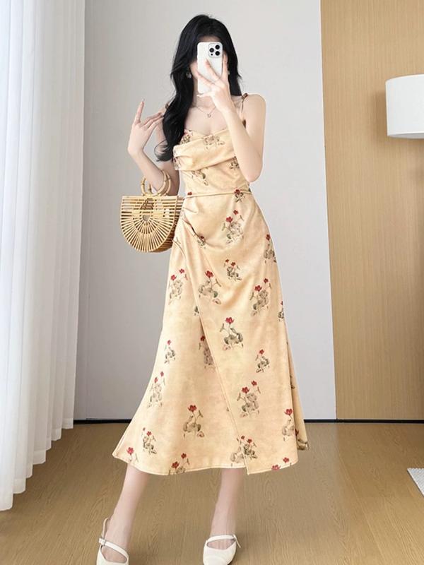 5803 đầm trễ vai voan hoa nhí dây dáng dài công chúa maxi hở lưng bigsize nữ dễ thương vintage pháp thiết kế cao cấp váy 2 dây ngắn 4