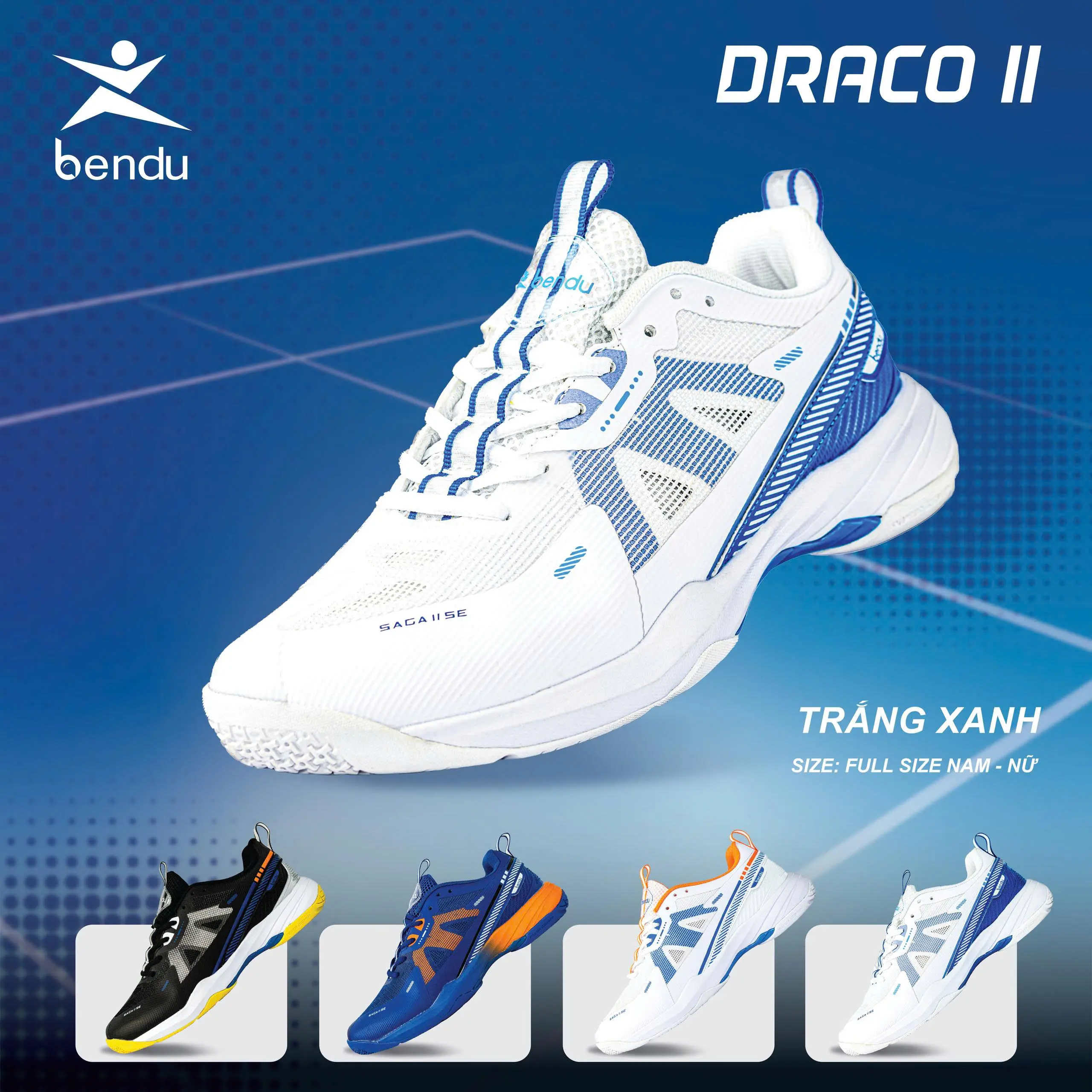 Giày Cầu Lông BENDU DRACO II Chính Hãng Mẫu Mới Sneaker Sport Da PU Bền Mesh Thoáng Khí TPU Fit Bóng Chống Mài Mòn Cao