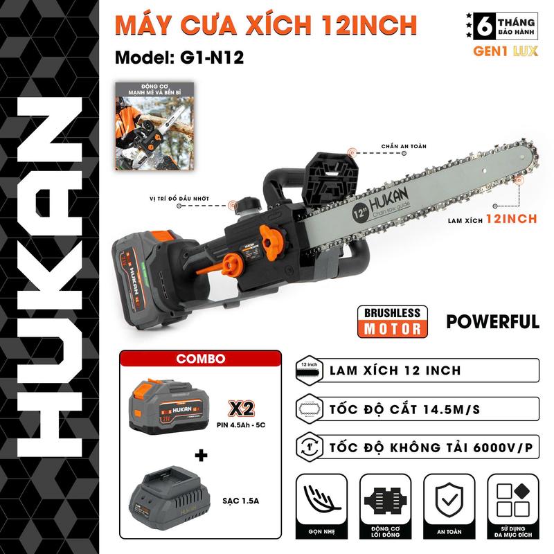 Cưa xích pin Hukan 12inch G1-N12 động cơ không chổi than, chân pin phổ thông có bơm nhớt tự động sử dụng cưa cắt cây ăn trái hoa quả