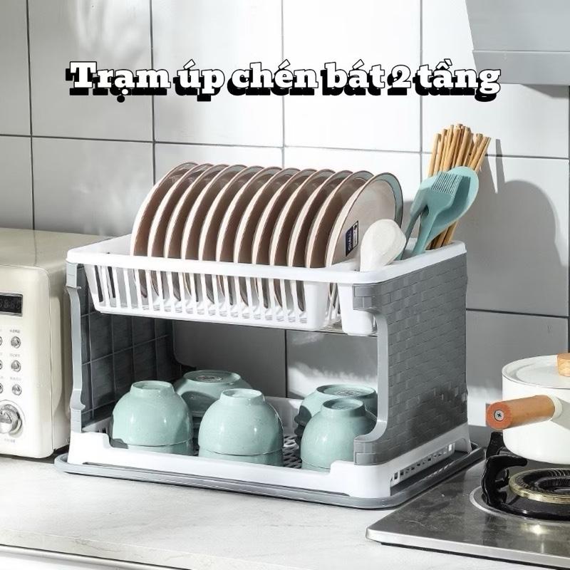 Kệ úp bát , giá để bát hai tầng có ống đựng đũa kèm khay hứng nước bằng nhựa