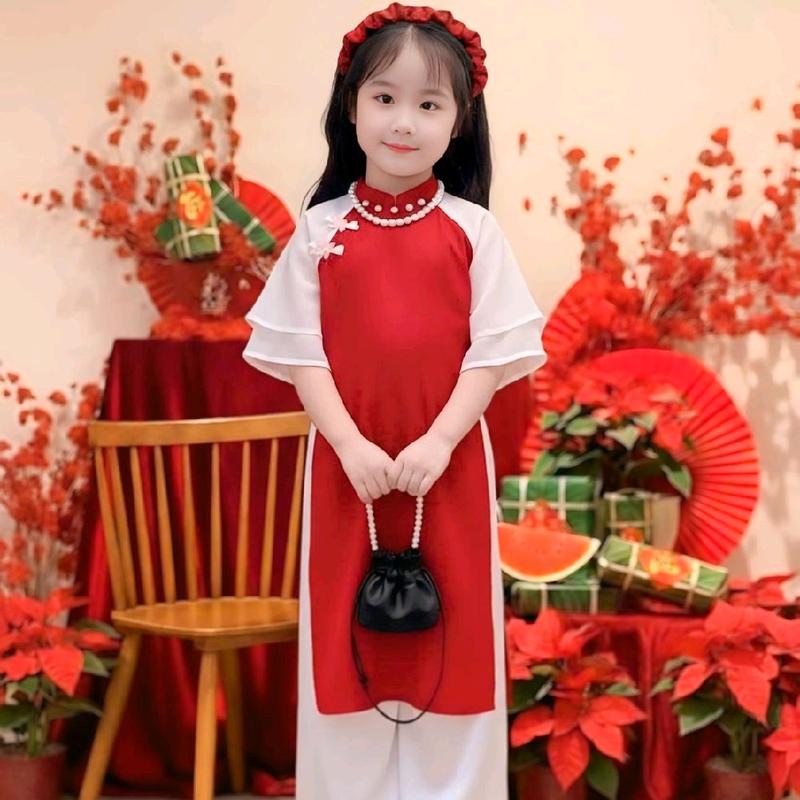   9-42kg Set áo dài A1 Tết gấm phối tơ mềm + quần lụa bóng cho Bé  tặng cài tóc + chuỗi ngọc  