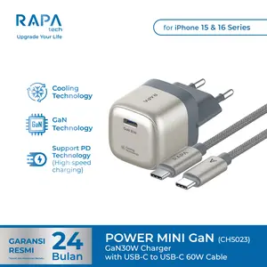 RAPAtech Power Mini GaN 30W Charger for iPhone 15-16 Series Type C to C Kabel Nylon Braided Teknologi Pendinginan Cepat Pengisian 30W Apple Quick Charging Garansi 2 Tahun