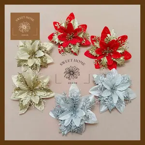 Christmas Bunga Glitter Poinsettia Premium Aksesoris Hampers Pohon Natal Christmas Ornament Hiasan Natal Dekorasi Pajangan Dekorasi Xmas