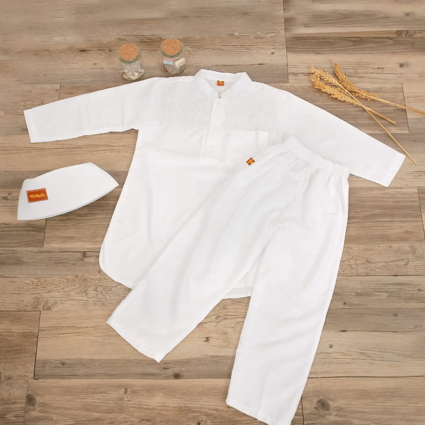 Setelan Koko Putih Anak Koko Anak Putih Pakistan Baju Muslim Peci Katun Bordir koko putih Panjang Nyaman