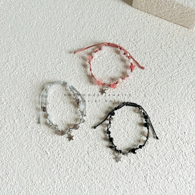 (Askara Bracelet) Gelang Tali Manik Manik Aesthetic Korea Beads Kristal  Wanita Serut Lucu Black (Askara)