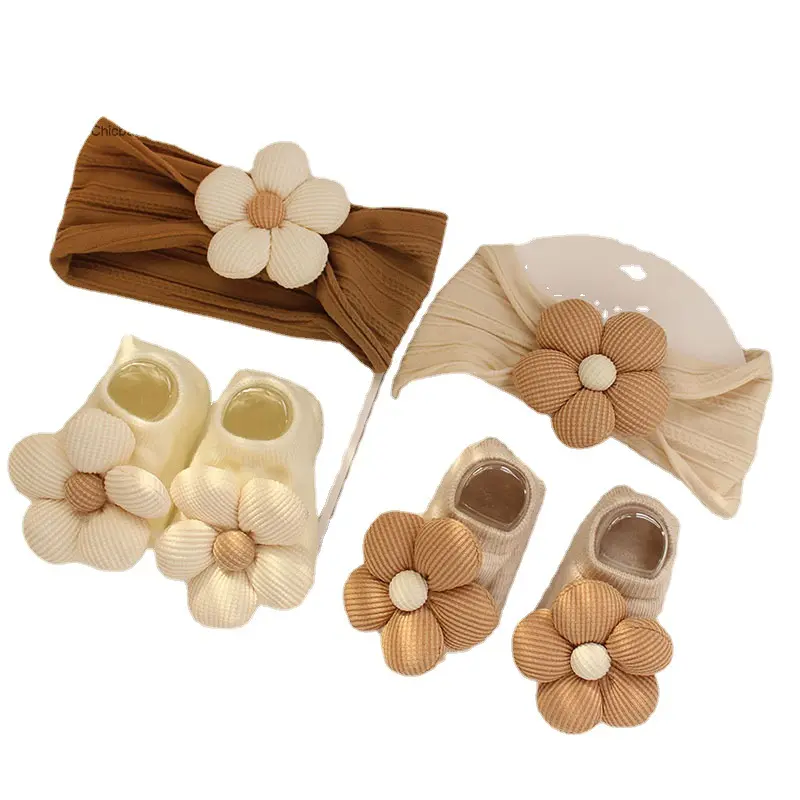 Cute Flower Baby Headband+Socks Soft Elastic Newborn Hair Band Comfortable Cotton Socks Infant Accessories