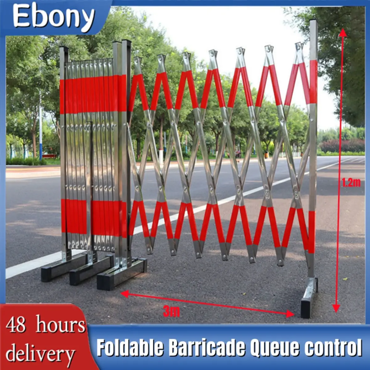 Safe Folding Barricade, Stainless Steel, Red, 1.2m Height, 3m Expanded, Warning, Insulation, Queue Control Post, Mall, Construction Fence