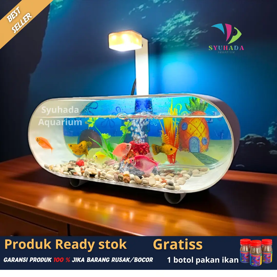 1 Set aquarium mini ikan hias/ aquarium cupang segala ikan plus mesin oxygn aerator glembung lampu LED (M01)