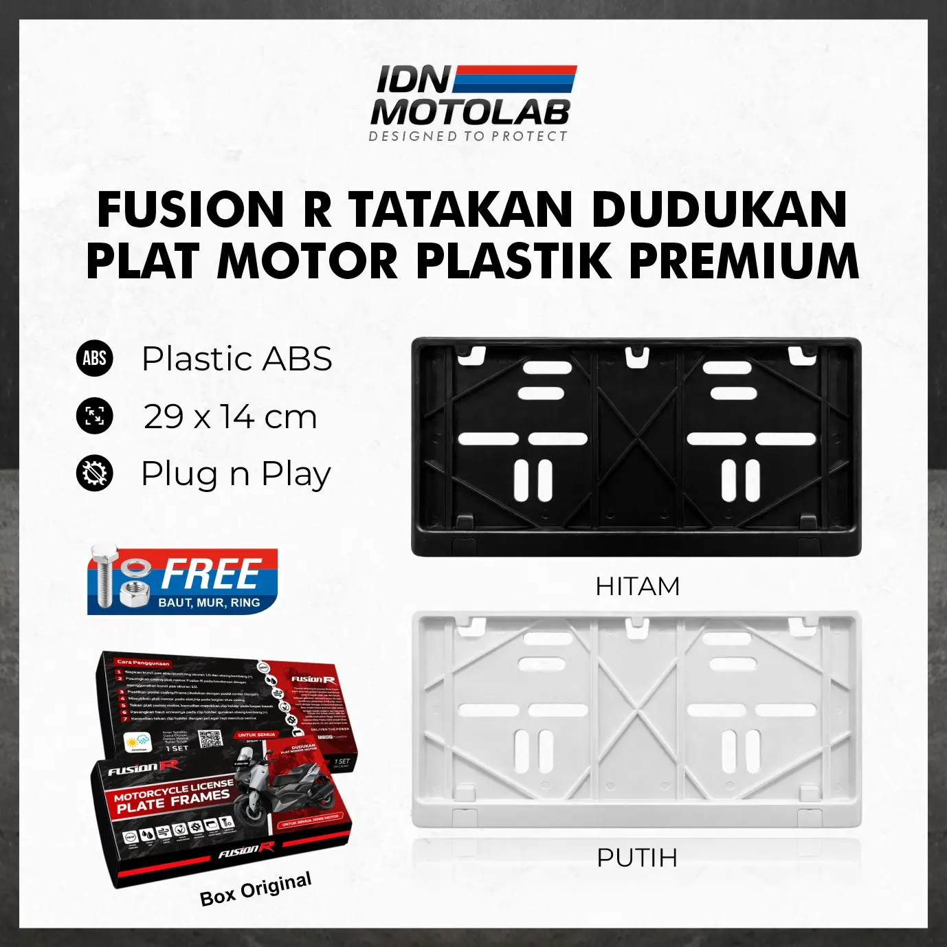 Tempat Cover Dudukan Frame Plat Nomor Motor Premium Fusion R Tatakan Plat Motor Hitam Putih Universal Set