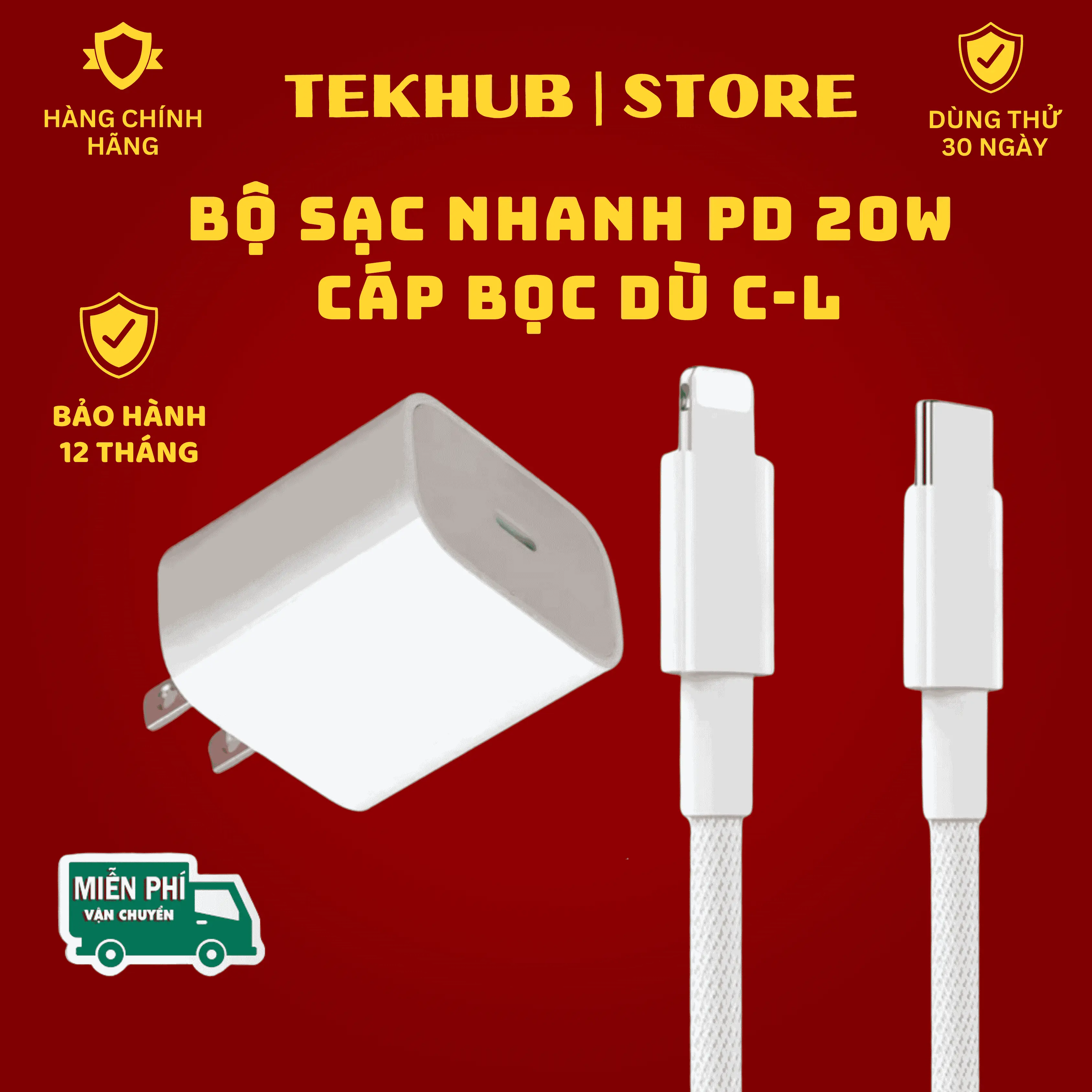 (Tekhub x Huỳnh Toàn) Bộ Sạc Nhanh 20W (Củ+Cáp Bọc Dù) Sạc 60p lên 50-70% Pin (Chân Dẹt) dành cho điện thoại IP 8-14prm, Phụ kiện sạc nhanh, Full box Kem Usb