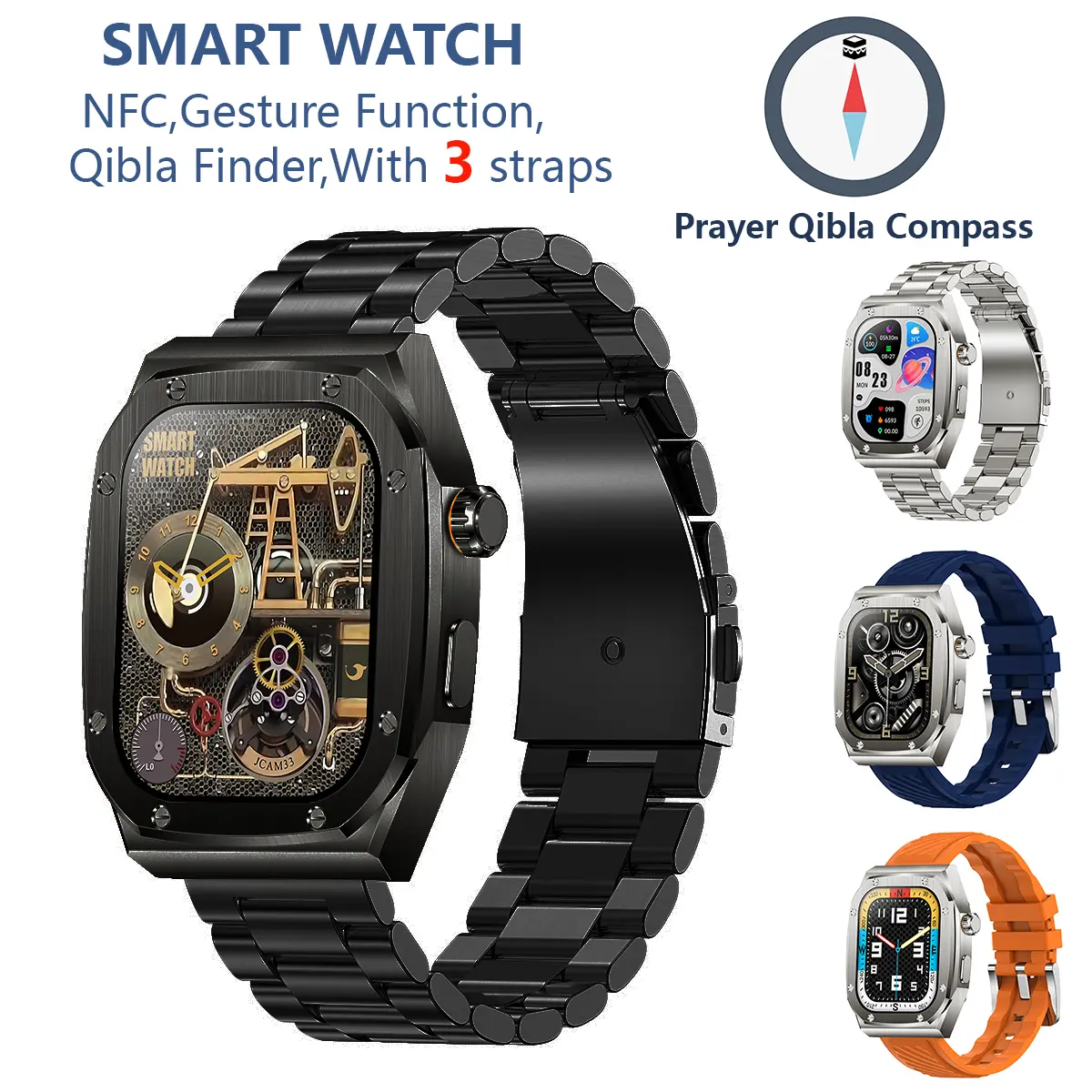 Smart Watch Bluetooth Call Ultra Long Standby True Rate NFC Life Waterproof With Gesture Function and Qibla Finder Prayer Compass Three Watch Straps Watches for Men Women Device Steel Button Clock Connection Strip Wearable for Smartphone