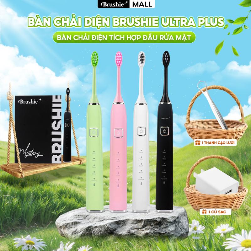 Bàn chải điện Brushie Ultra Plus tích hợp đầu rửa mặt hỗ trợ làm sạch hiệu quả [ BẢO HÀNH 1000 NGÀY ] - TẶNG  1 CỦ SẠC + 1 THANH CẠO LƯỠI