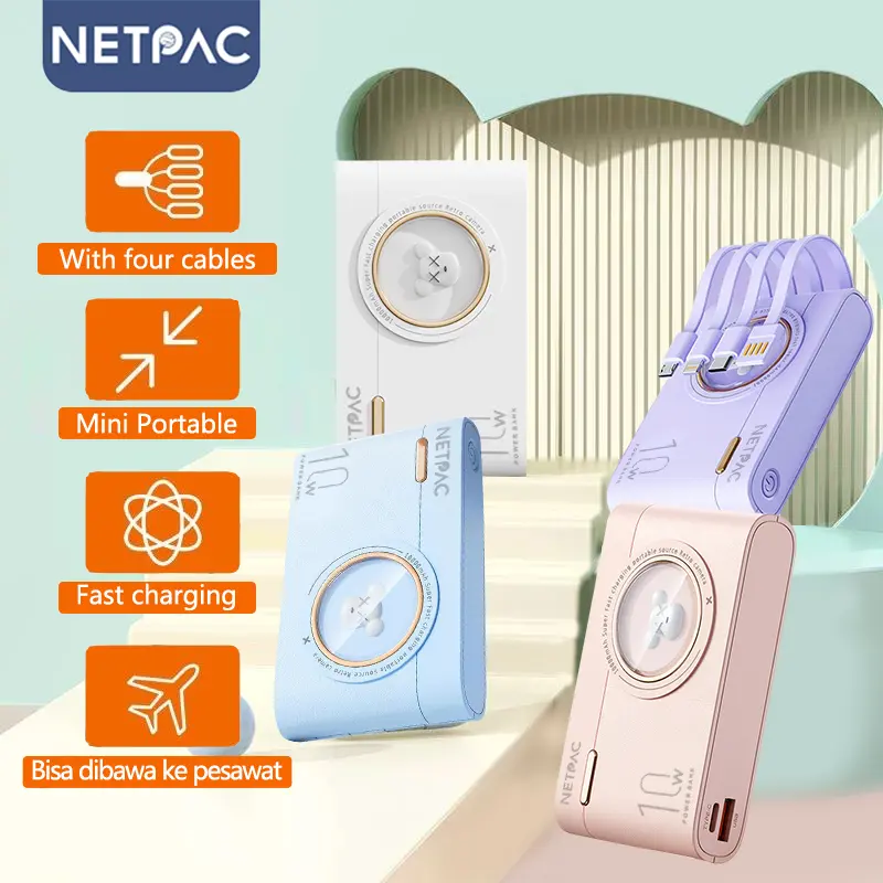 NETPAC Powerbank 10000mAh Fast Charging Murah Mini Makaron Cute Pet Design LCD with 4 Kabel Data Original