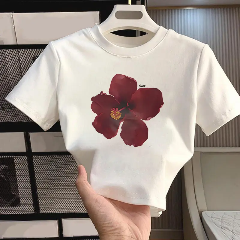 YIYOYI  O151 Baju Pendek Wanita Crop Top Ketat Putih Polos Wanita Flower Print Style Baju Basic Crop Top Kaos Atasan Cewek Tee Hitam Motif Katun 0