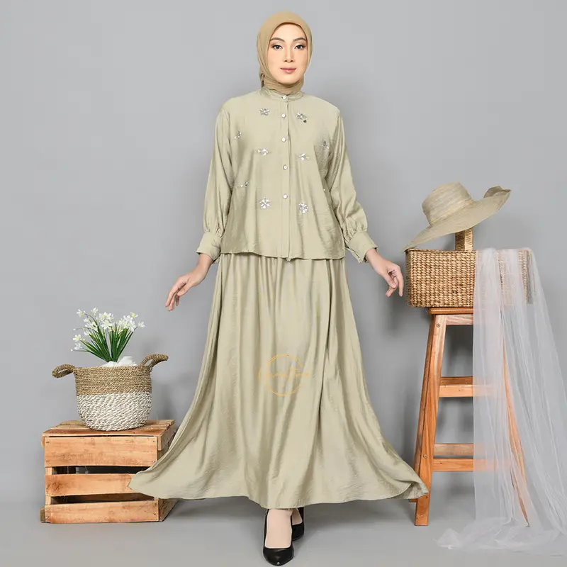 CLARA One Set Wanita Payet Mewah Linen Setelan Atasan Rok Kekinian 7