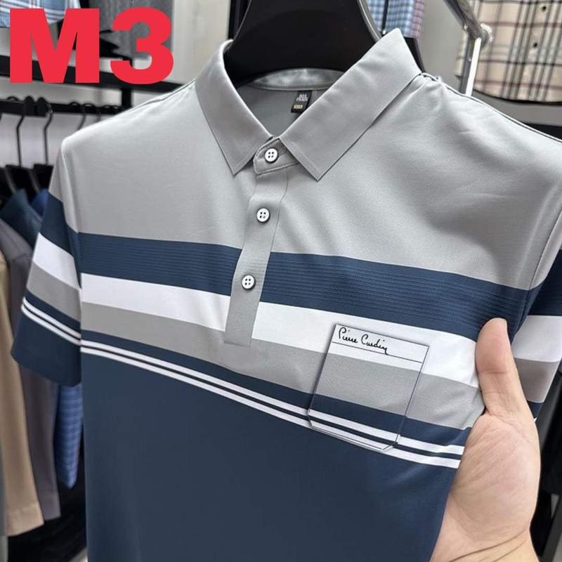 POLO Trung niên Phối kẻ ngang thân áo, vải Thun Lạnh kháng khuẩn, chống nhăn, thoáng mát