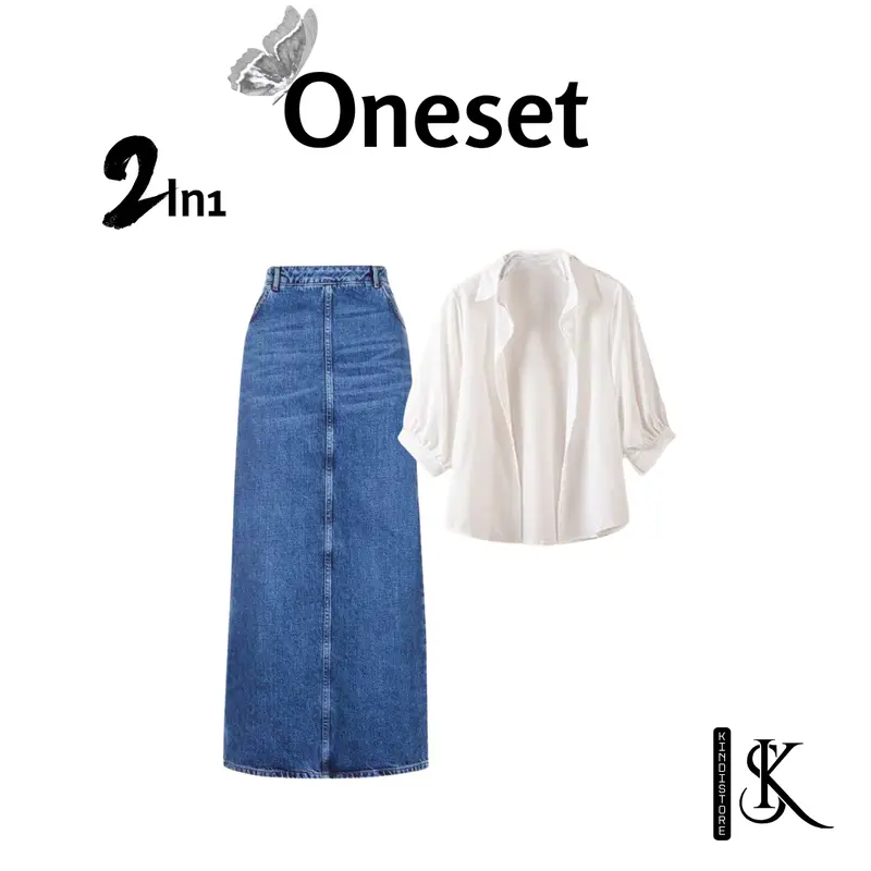 1 set outfit wanita kece [KEMEJA + ROK JEANS + TANKTOP + JAM TANGAN] tampil modis dan stylish KS0057 3