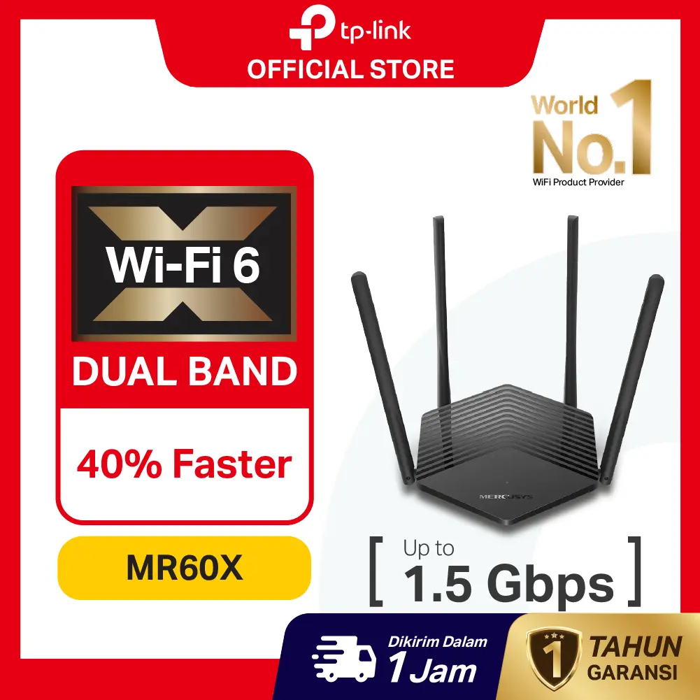 TP-Link | Mercusys MR60X | Router WiFi | WiFi 6 | AX1500 | Router TP-Link | Dual Band | Gigabit | Router Rumah | Internet Cepat | Wireless Router | Original | Garansi Resmi | Ready Stock | Baru | Promo | Murah