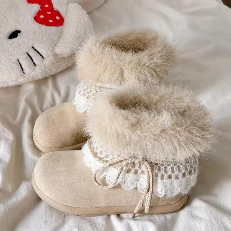 Bốt nữ cổ lông cao cấp da lộn phối viền ren xinh xắn DOLLY