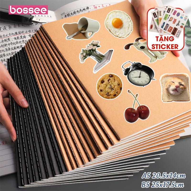 Set 5 Sổ khâu gáy A5/B5 72 Trang, vở học sinh bìa kraft đơn giản màu nâu đen (36 tờ), vở ghi chép giấy kẻ ngang, kẻ vuông - Giấy chất lượng cao, dày dặn chống lóa cho học sinh sinh viên - SIJIN