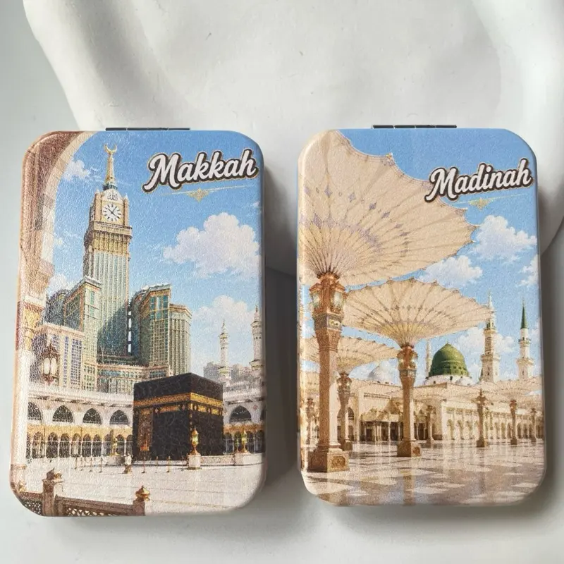 Souvenir cermin oleh oleh haji dan umroh dengan gambar masjidil Haram Mekkah dan  masjid Nabawi Madinah