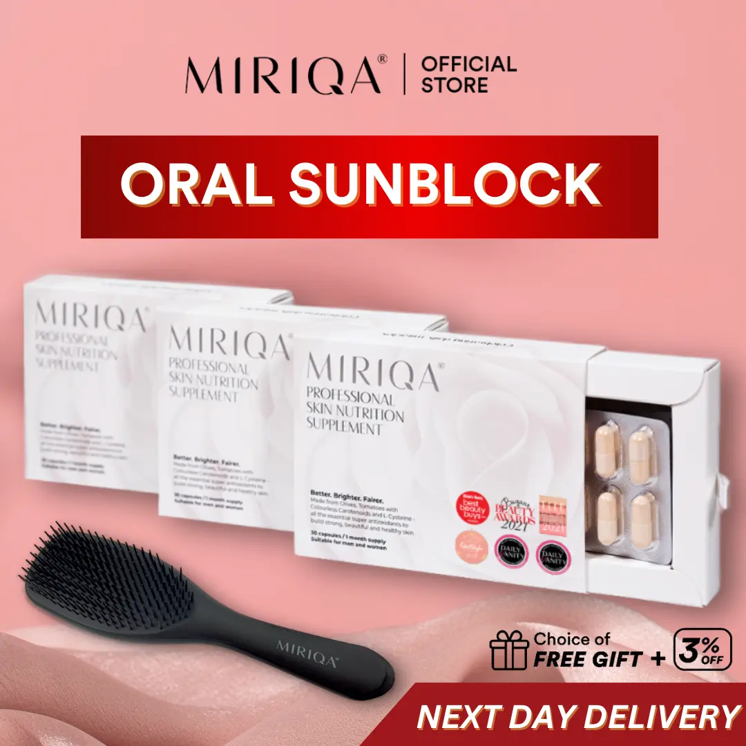 MIRIQA Professional Skin Nutrition Supplement | Oral Sunscreen for Even Skin Tone and Radiant Complexion [3-months supply with Free Limited Edition Hair Brush]