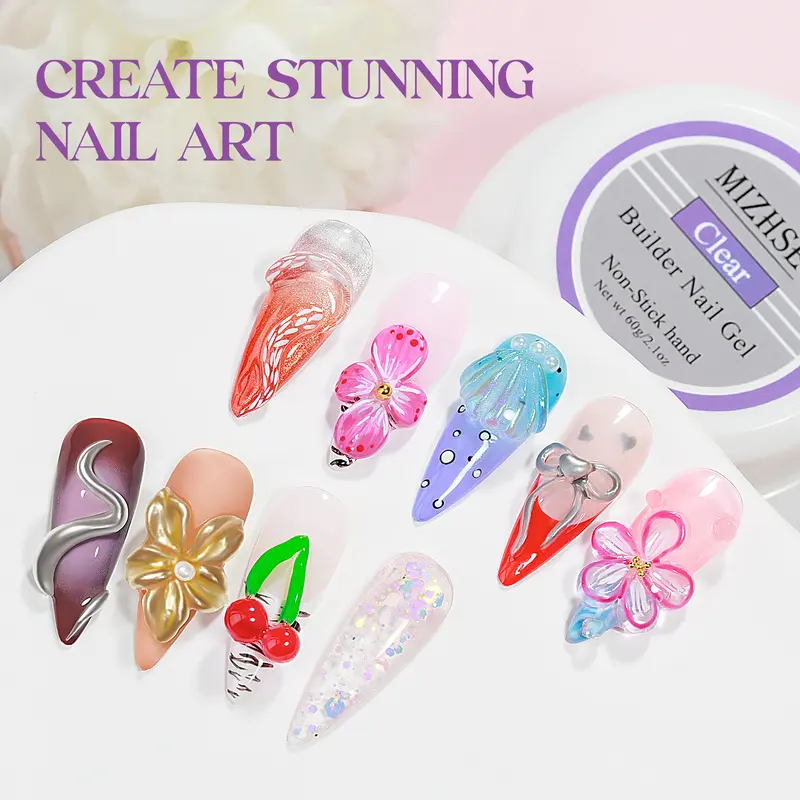 MIZHSE 60g Builder Nail Gels Nail Kit Clear Non-Stick Hand Nail Extension Gel with Nail Pen, Silicone Forms, 36 Nail Tips for Beginners & Salon Professionals Soak off UV/LED 4
