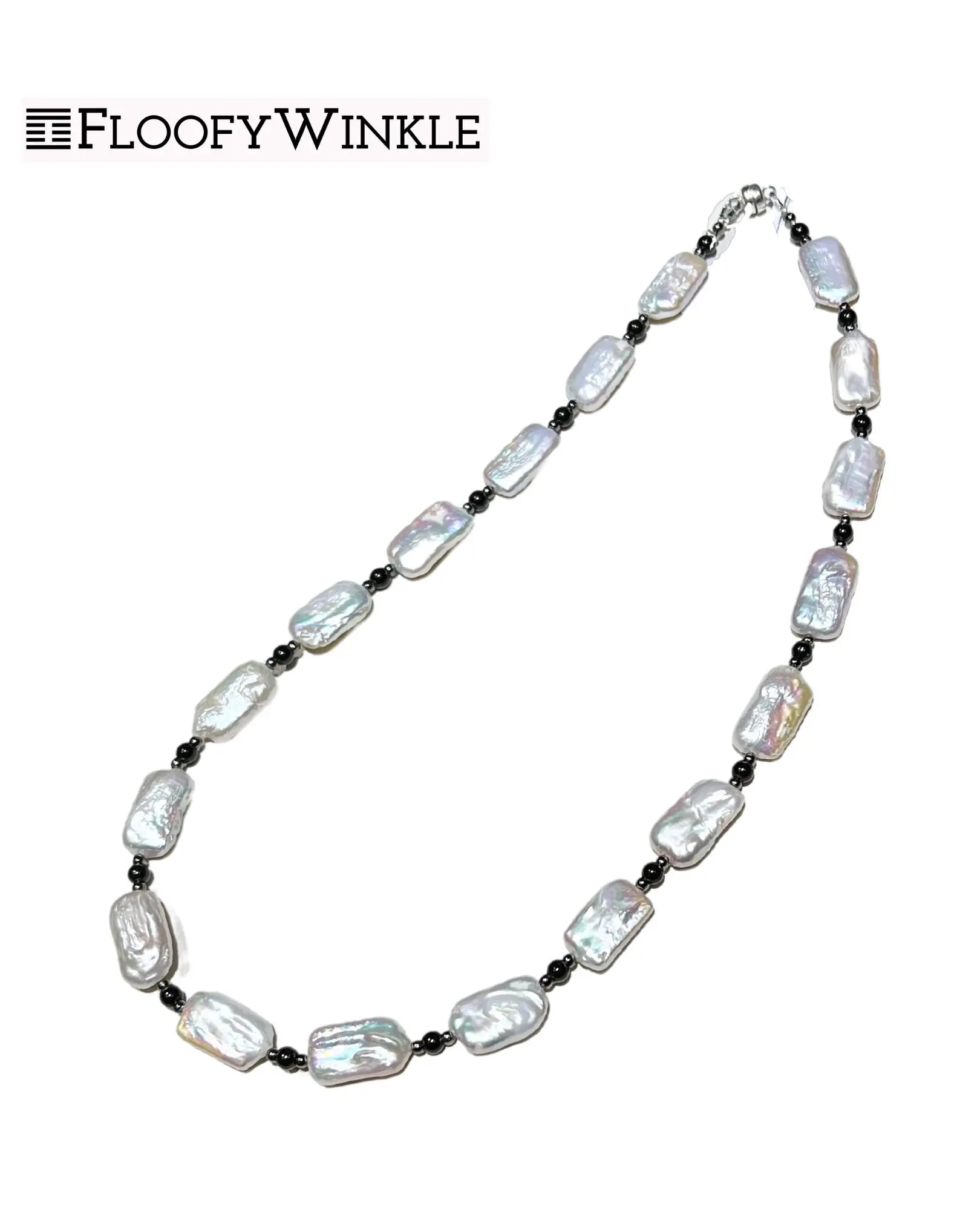 Hipster Baroque Rectangle Freshwater Pearl Necklace with Black Plated Stainless Steel - 18 Inches