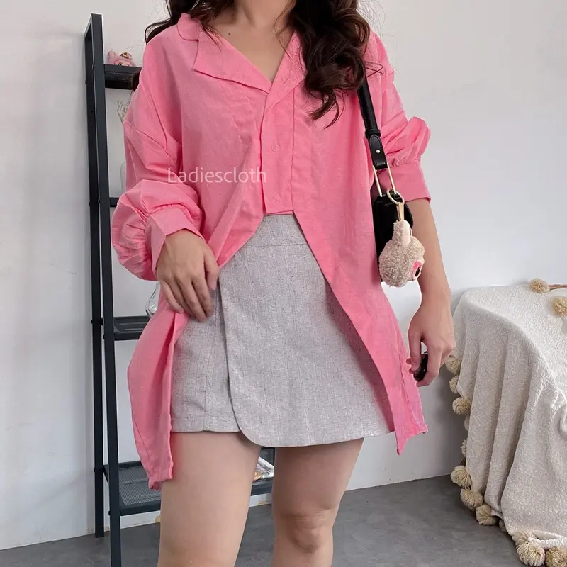 Kemeja Plain Bona Blouse Katun Lengan Panjang Motif Polos Wanita Denim Atasan Kancing Baju Casual Basic 8