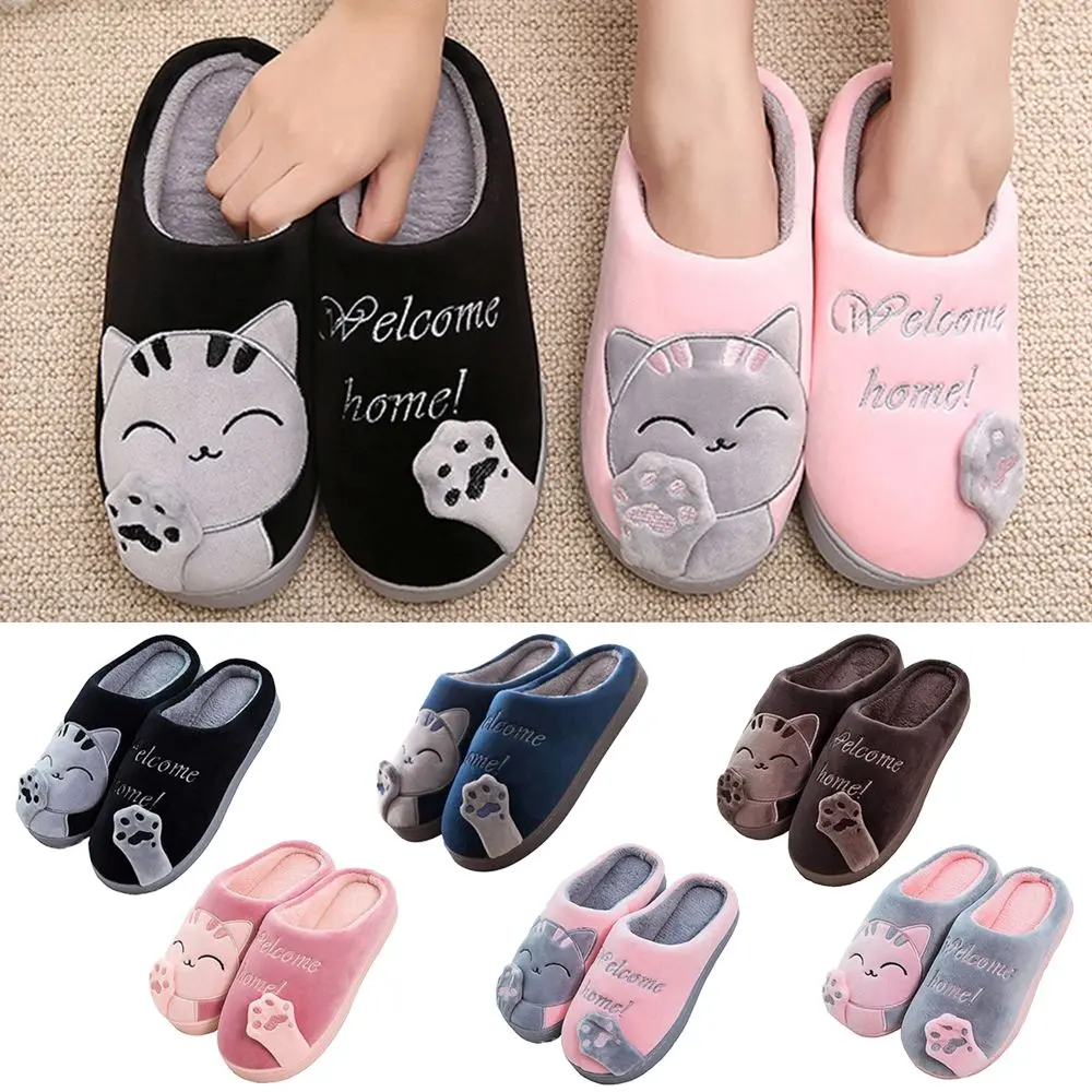 1 Pairs Indoor Bedroom Soft Plush Velvet Keep Warm Cartoon Cats Slippers Cotton Slippers