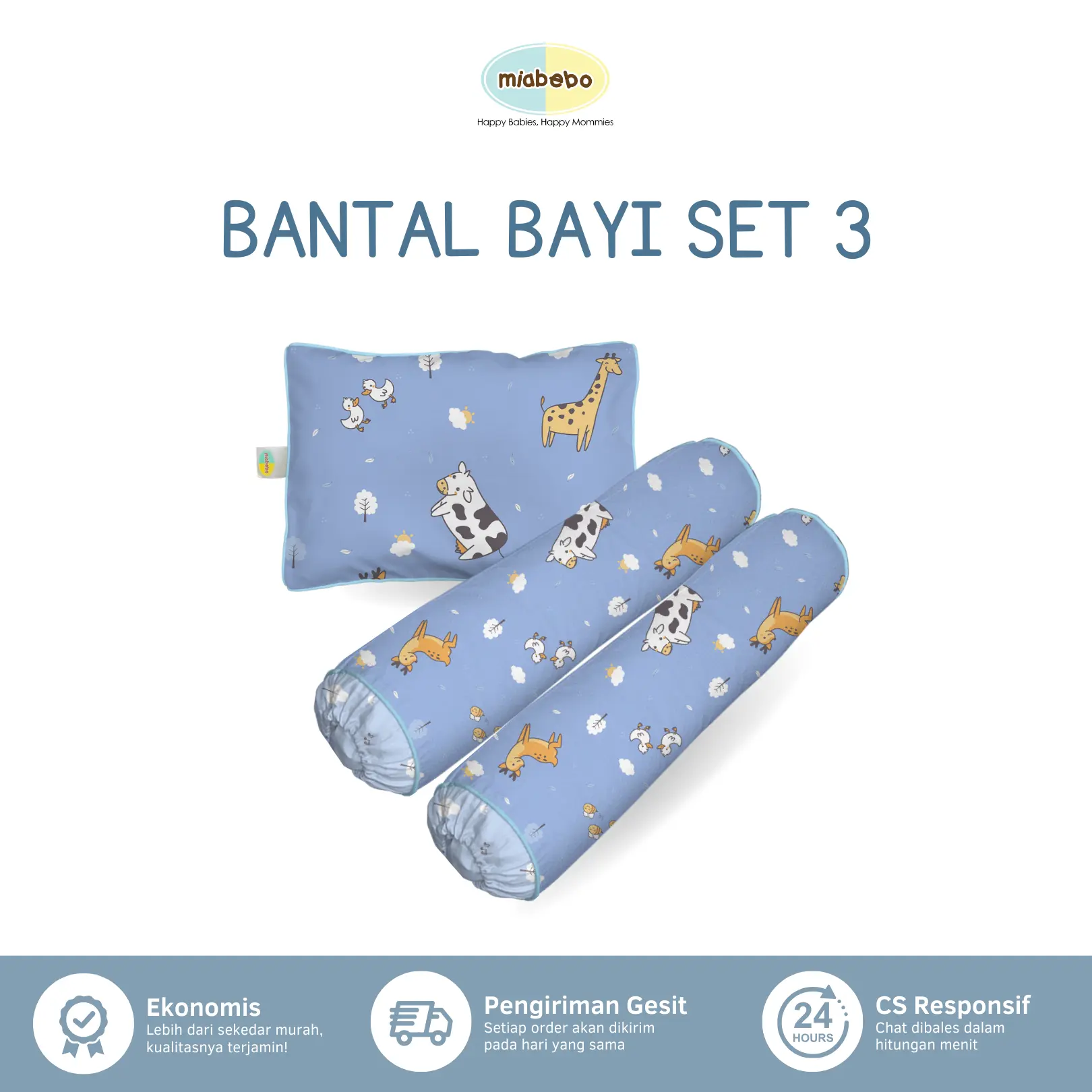 Miabebo Bantal Guling Set Bayi isi 3 + Sarung Tidur