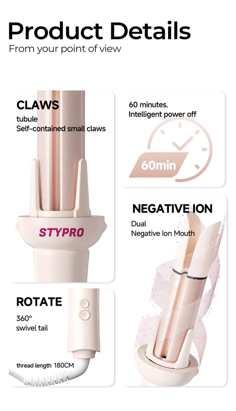 Product Introduction of STYPRO Multi In One Automatic Curling Iron Pink 25mm+32mm + Professional Hair Care Comb | Catokan Keriting Otomatis Hair Styler Curly | Sisir Tanduk Sisir Rambut Keriting ST-40014002 48